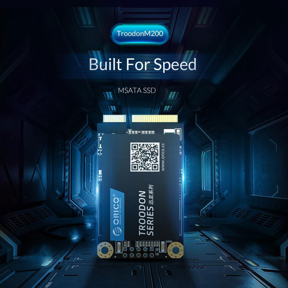 Front view of ORICO M200 SSD, and the background is someplace like a passage in spaceship